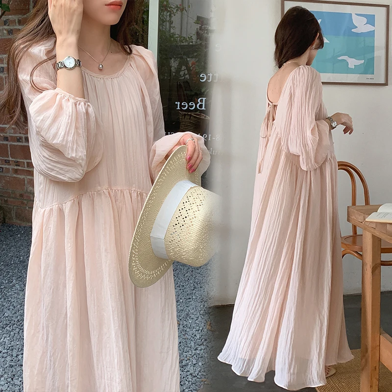 2025 Autumn Maternity Chiffon Dress Long Sleeve O-neck Backless Pregnant Woman Long Loose Dress Holiday Clothes Beach Dresses