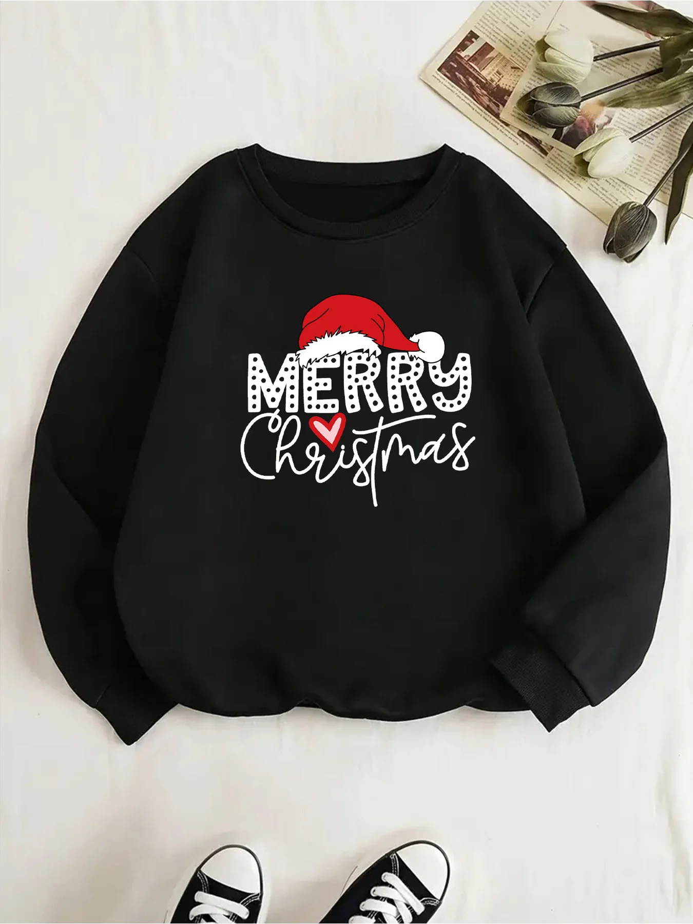 Children's Christmas Hoodie Long Sleeved round Neck Thermal Top with Christmas Hat Pattern Printed for Autumn Winter