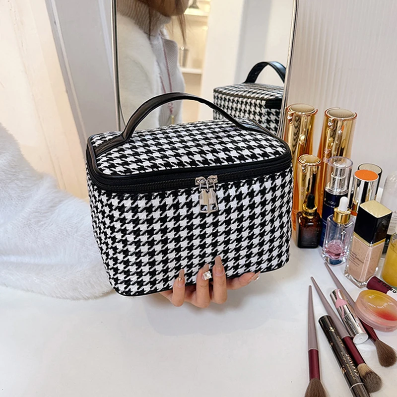 New Women Houndstooth Pattern Tote Makeup Bag Portable Travel Organizer Cosmetic Toiletry Storage Bags Large Capacity Zipper Bag