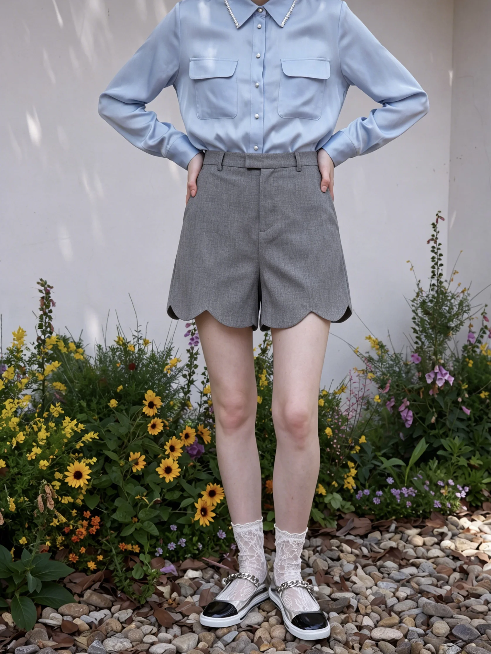 

Fashionable Grey Petal Casual Shorts High Waist Lightweight Comfortable High Mountain Bag Commuter All Match Korean Style