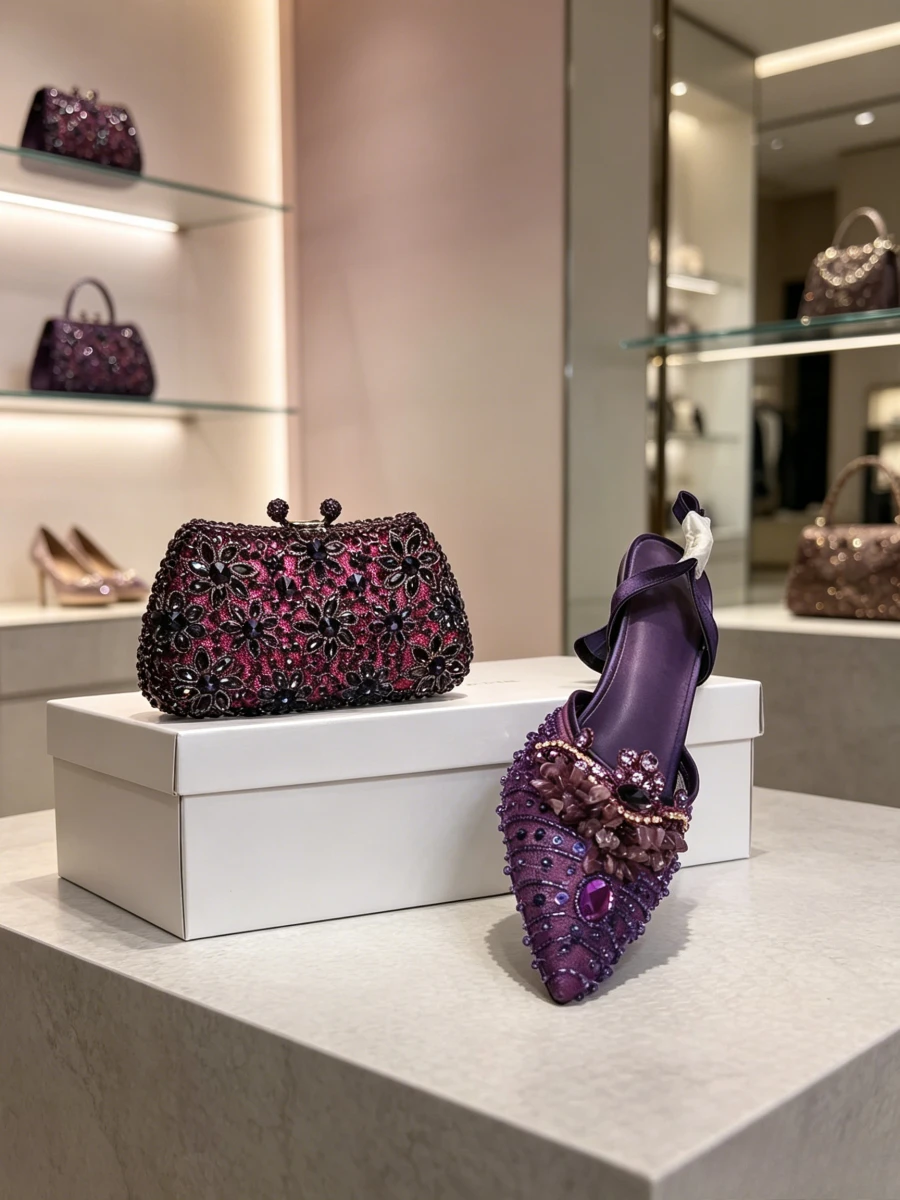 Conjunto de Zapatos de Noche 2026: Bolso Clutch Rectangular Morado Oscuro con Flores y Gemas Negras, y Tacones de Aguja con Pedrería Floral a Juego