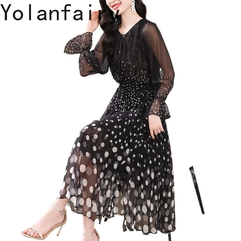 YOLANFAIRY High-end 100% Real Mulberry Silk Dresses Summer Luxury Fashion Polka Dot Dress Long Sleeve Elegant Dress Flare Sleeve