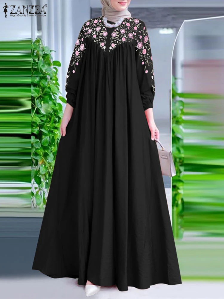 Eid Mubarek Muslim Dress Turkey Abaya ZANZEA Fashion Women Long Sleeve Floral Printed Sundress Maxi Robe IsIamic Hijab Vestidos