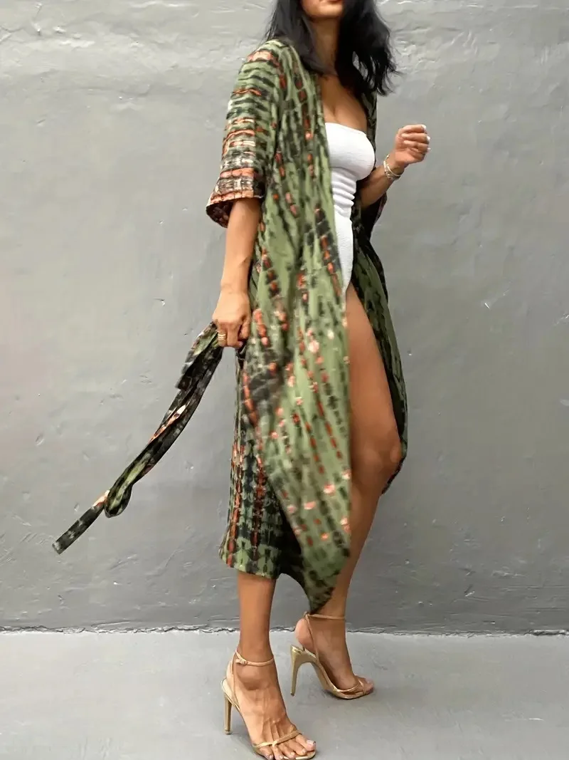 الصيف خمر كيمونو ملابس السباحة هالة الصباغة الشاطئ التستر مع الزنانير المتضخم سترة طويلة عطلة مثير يغطي