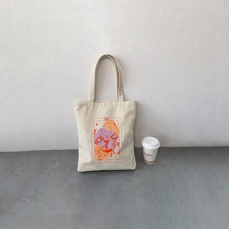 Vintage Tarot Card Canvas Tote Bag Aesthetic Mystical Scissors Rose Graphic Women Casual Reusable Shopping Shoulder Handbag