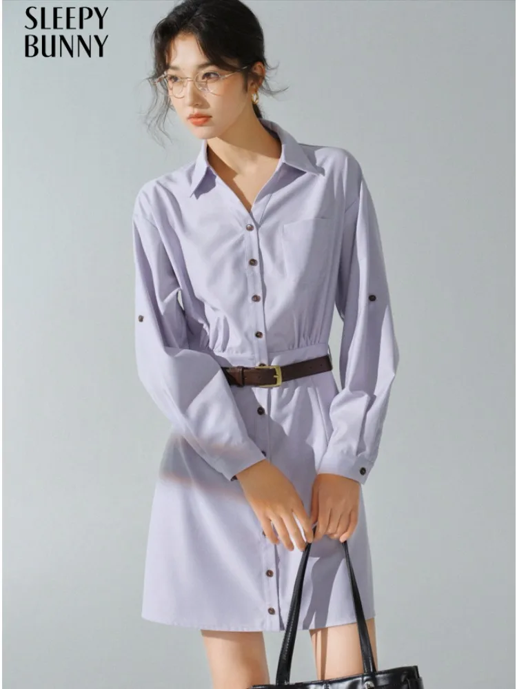 

Elegant Collared Shirt Dress Chic Button Down Midi Dress Casual Wear Long Sleeve Belted Outfit for Women Daily Commuting Style