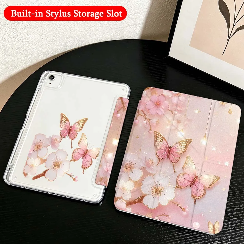 Floral Woman Face Butterfly For iPad Mini Pro Air 5 6 7 8 9 11th 11 9.7 10.9 13 inch Transparent Y-Shaped Folding Tablet Case