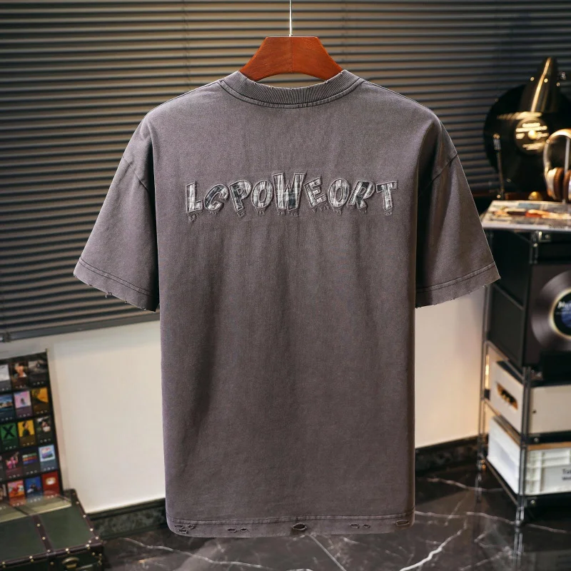 Men's 2026 Summer New Vintage American Style Heavyweight Embroidered T-Shirt Loose Versatile Casual Daily Wear