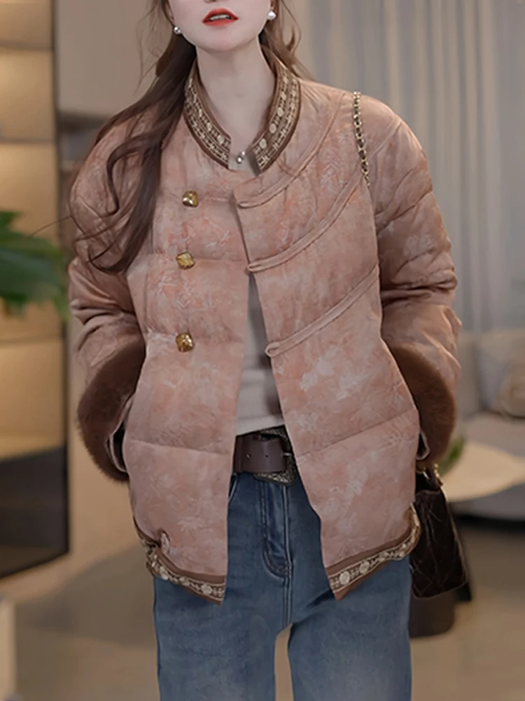 

New Chinese Sle Floral Print down Cotton Jaet Women's Winter Thiened Unique Beautiful High-End Feel Outerwear