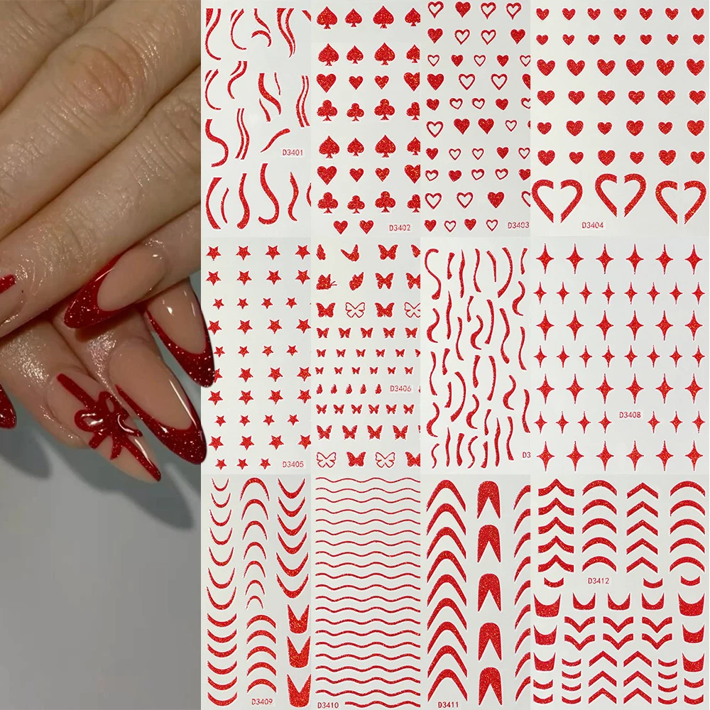 1pc 5D Red Gold White Glitter French Nail Art Sticker Geometric Line Star Love Butterfly Nail Decals Gift Manicure Supplies Tips