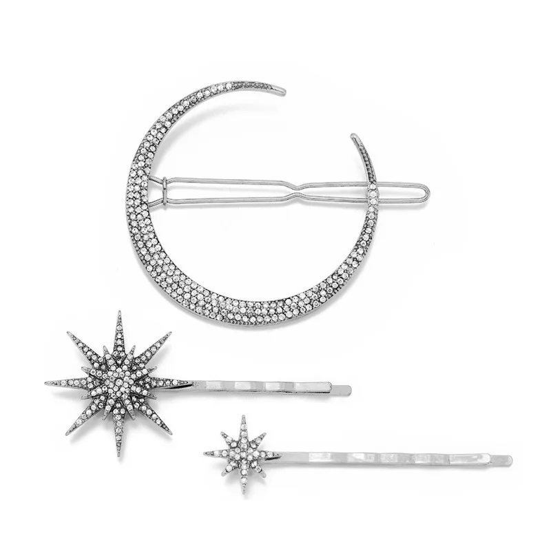 3 pieces Hairpin Set Jewelry Accessories Wedding Vintage Barrette Metal Crystal Rhinestone Star and Moon Pin Hair Clip for Women