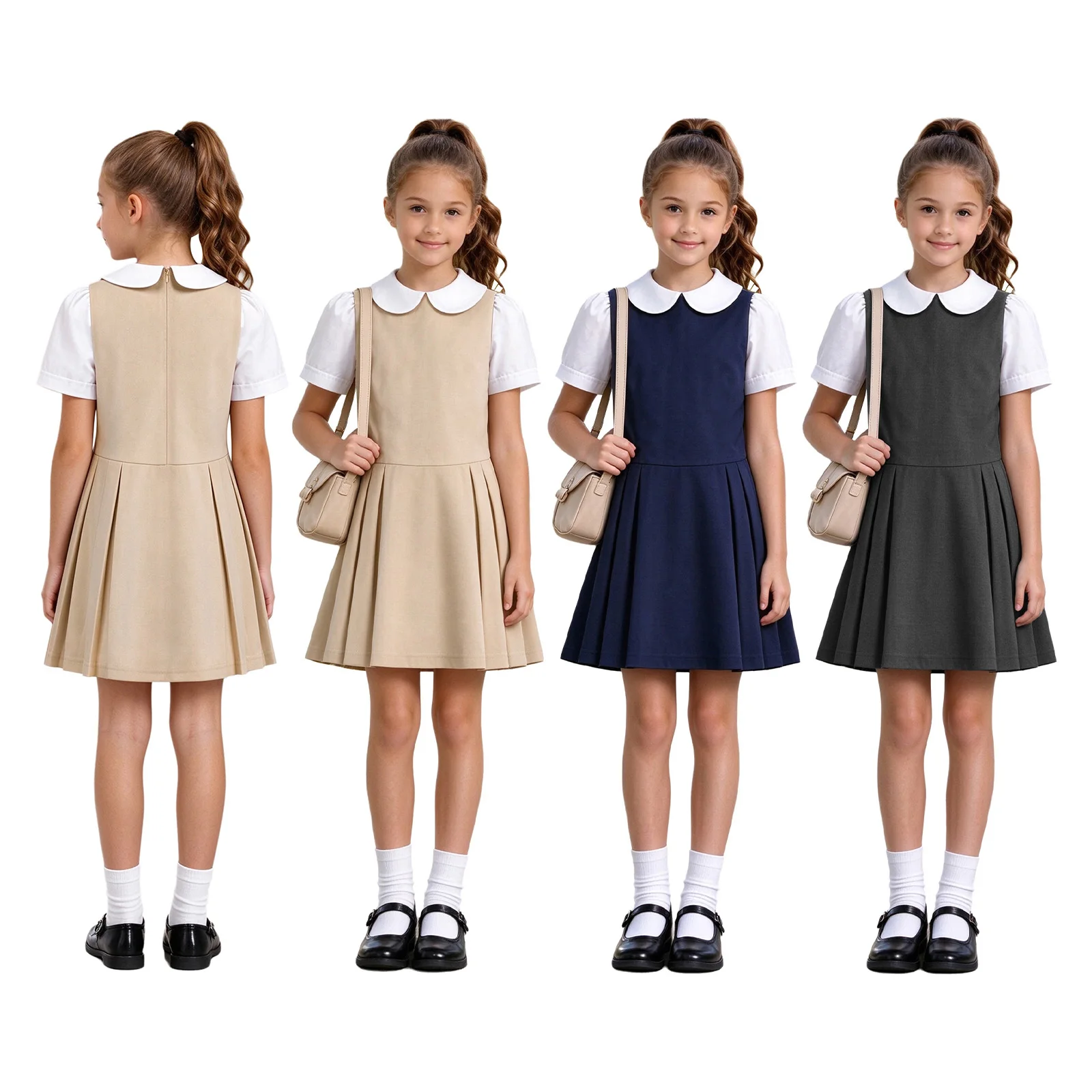 Kids Girls School Formal Uniform Color-blocked Doll Collar Short Sleeve Back Zipper Pleated Dress for Recitation Performance