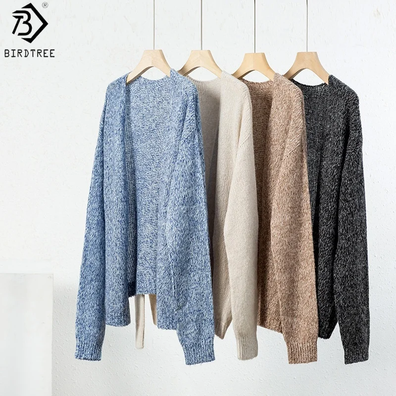 

Birdtree 39.9% Sheep Wool Knitted V-neck Cardigan,Woman Wool Blend Warmth Full Sleeve Sweater,2025 Autumn Loose Coat T59807JF