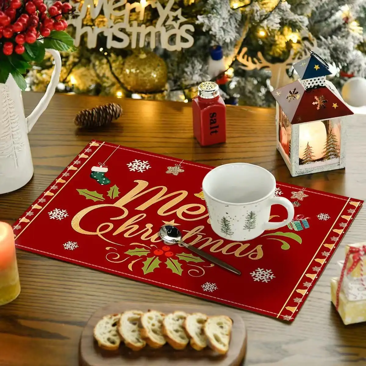2026 Christmas Atmosphere Home Decoration Home Placemats, Holiday Gift Linen Heat-insulating Placemats