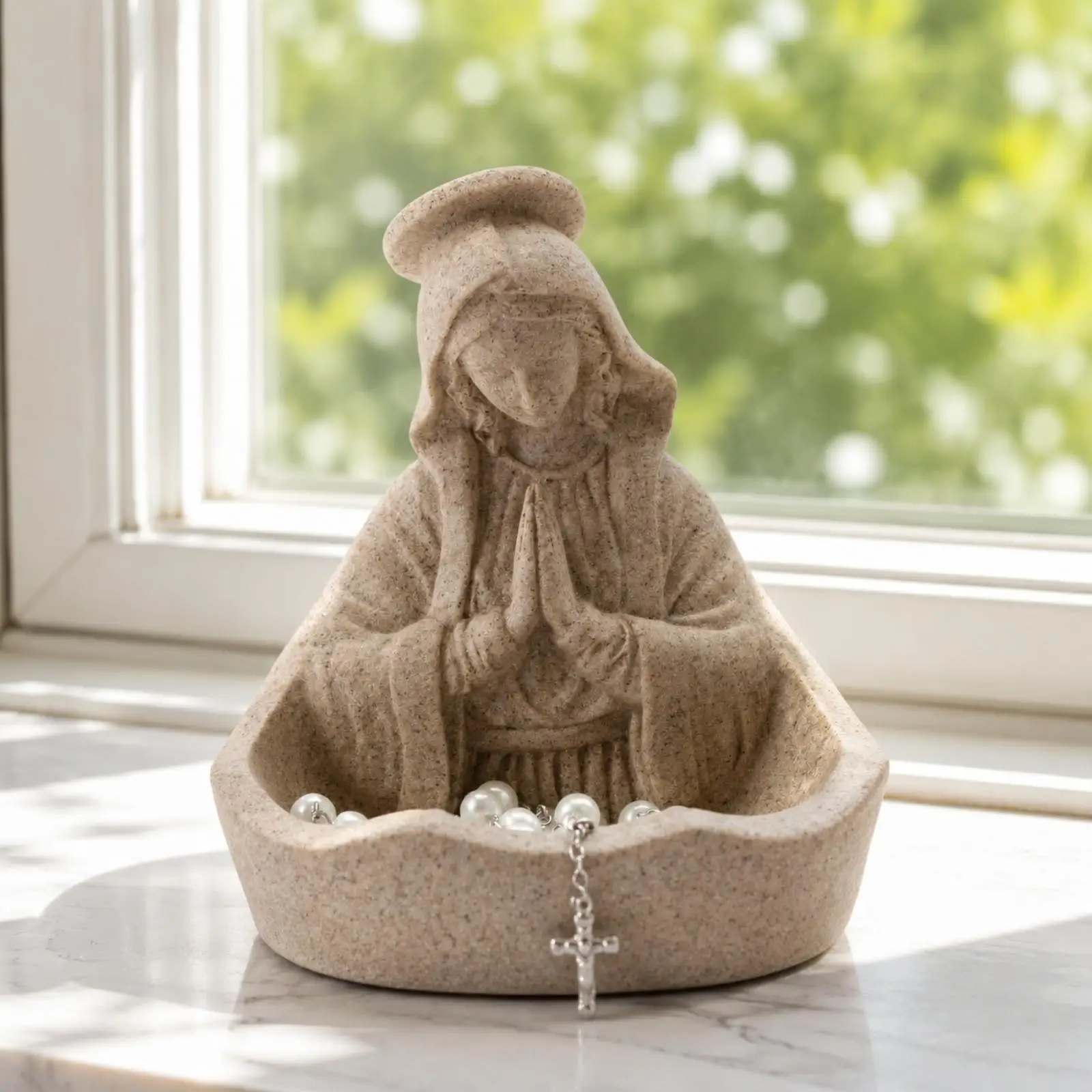 Resin Mother Mary Saint Decorative Bowl Figurine with Raised Relief Design and Receptacle for Devotional Decor Shelf Tabletop