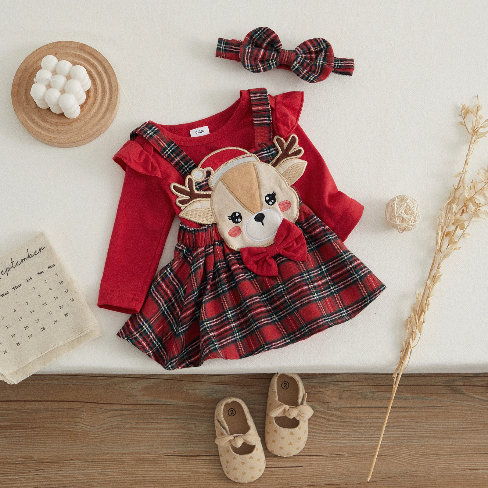 VISgogo 3Pcs Baby Girl Clothes Christmas Outfit Ruffle Long Sleeve Romper Cartoon Elk Embroidery Plaid  A-Line Skirt Headband