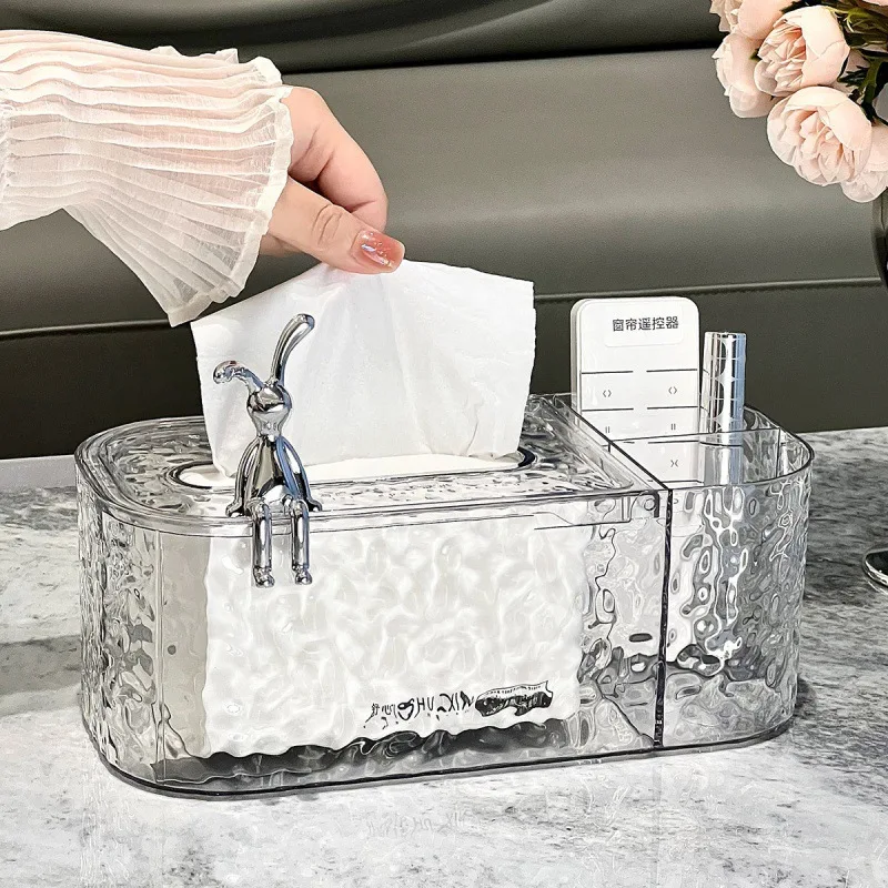  Acrylic Transparent Rabbit Tissue Box Living Room Desktop High Aesthetic Storage Box Wave Pattern Drawstring Design