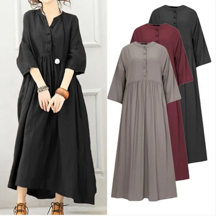 

2023 spring cotton art leisure solid color loose cardigan pullover mid-length dress