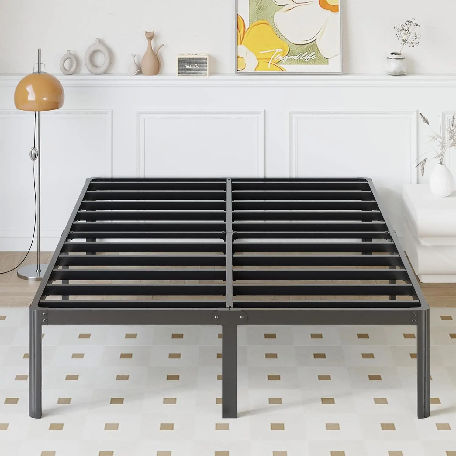 

14 Inch California King Bed Frames No Box Spring Needed, Heavy Duty Cal King Metal Platform Bed Frame with Rounded Corne