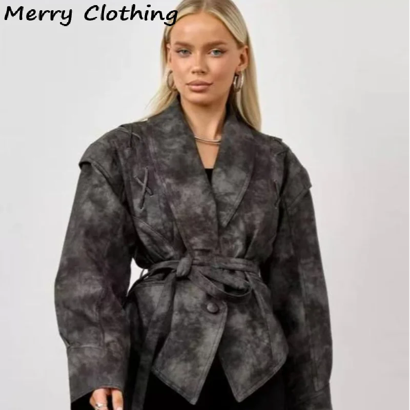 Jaket Kulit Coklat Antik Wanita Mantel Kulit Pinggang Tinggi Bahu Empuk Kerah dengan Sabuk 2025 Mantel Pendek Fashion Musim Gugur Wanita