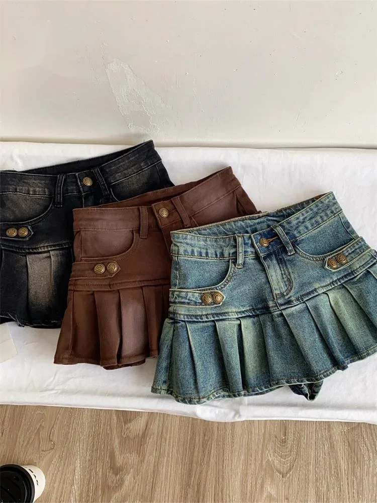 Y2K Vintage Denim Skirt A-line Pleated Slim Metal Button Distressed Spicy Girl Autumn Newest Trendy Street Mini Skirts