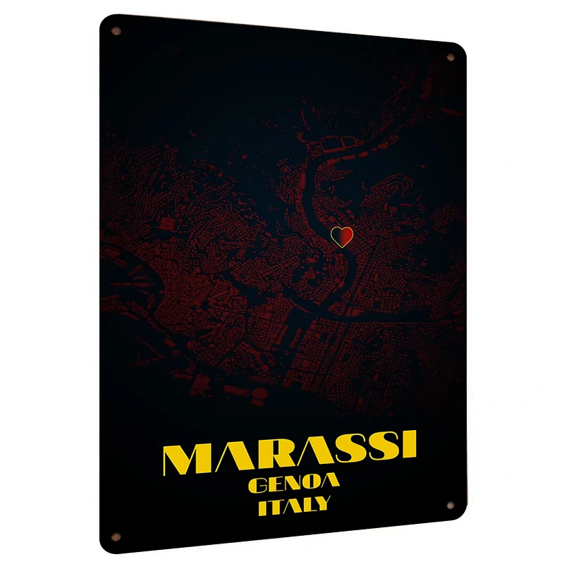 Genoa Italia Marassi Distrito Mapa Arte de pared de metal Decoración de ciudad marcada en forma de corazón personalizada para la oficina en casa