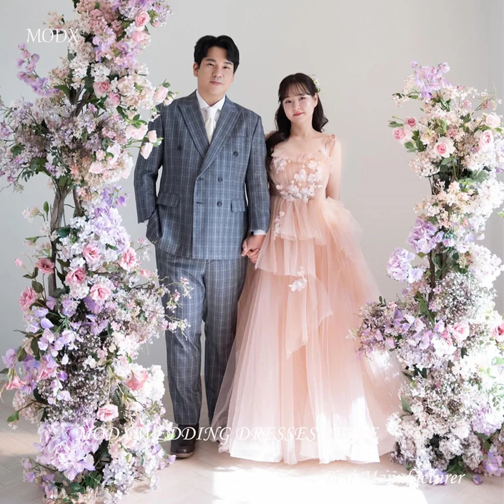 Suknie ślubne MODX Fairy Blush Pink Tulle Korea sesja zdjęciowa ramiączka spaghetti kwiaty warstwowe suknie ślubne ogrodowe wieczorowe