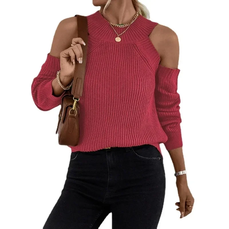 2024 Autumn/Winter Women's Sexy Off Shoulder Round Neck Pullover Loose Casual Long Sleeved Sweater Y2K Top Street Wear YSQ51