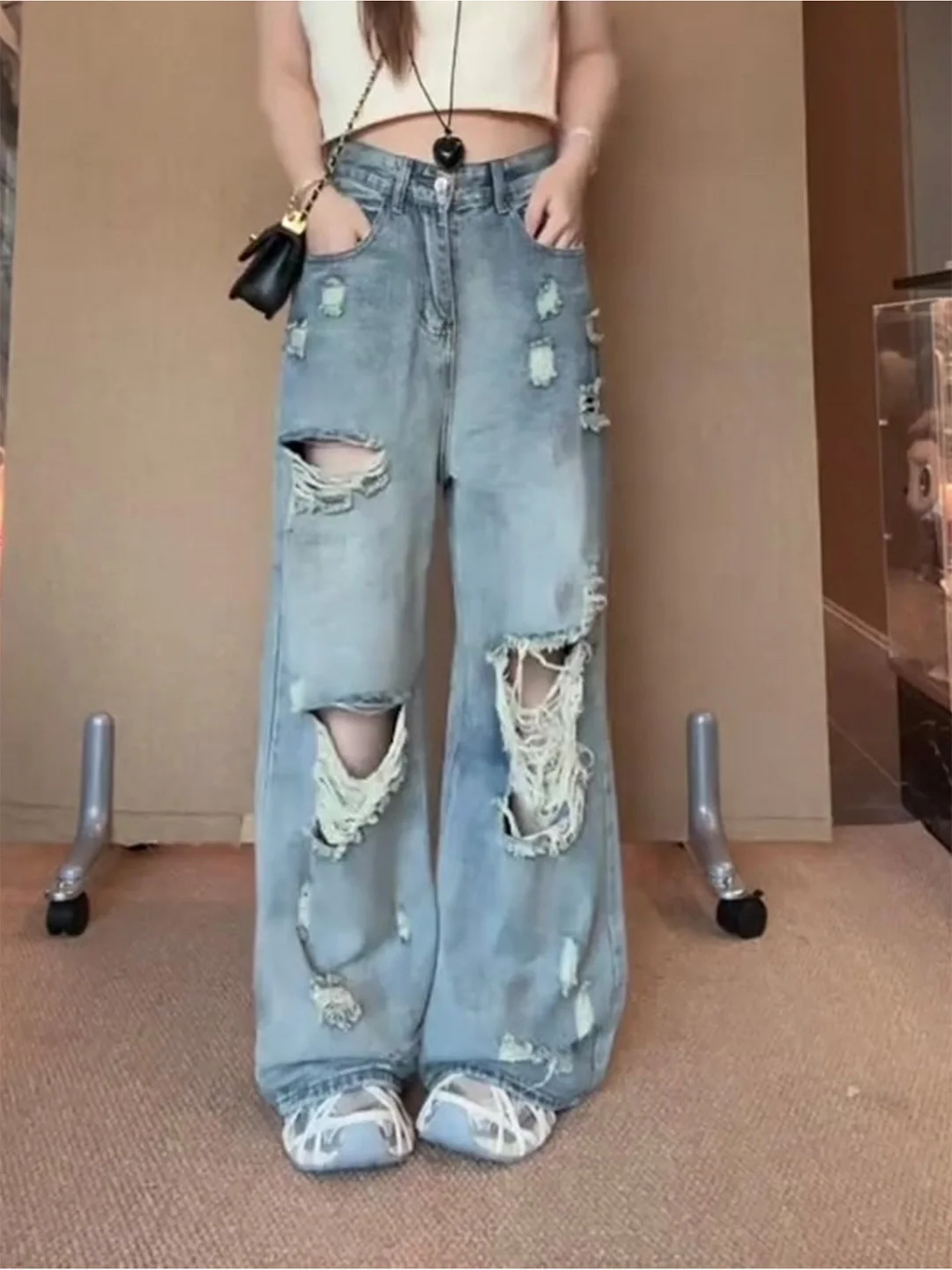 

2026 New Lazy Style American Retro Worn out Hole Wide Leg Thin Denim Jeans High Waist Floor Length Women's Loose Fit Summer