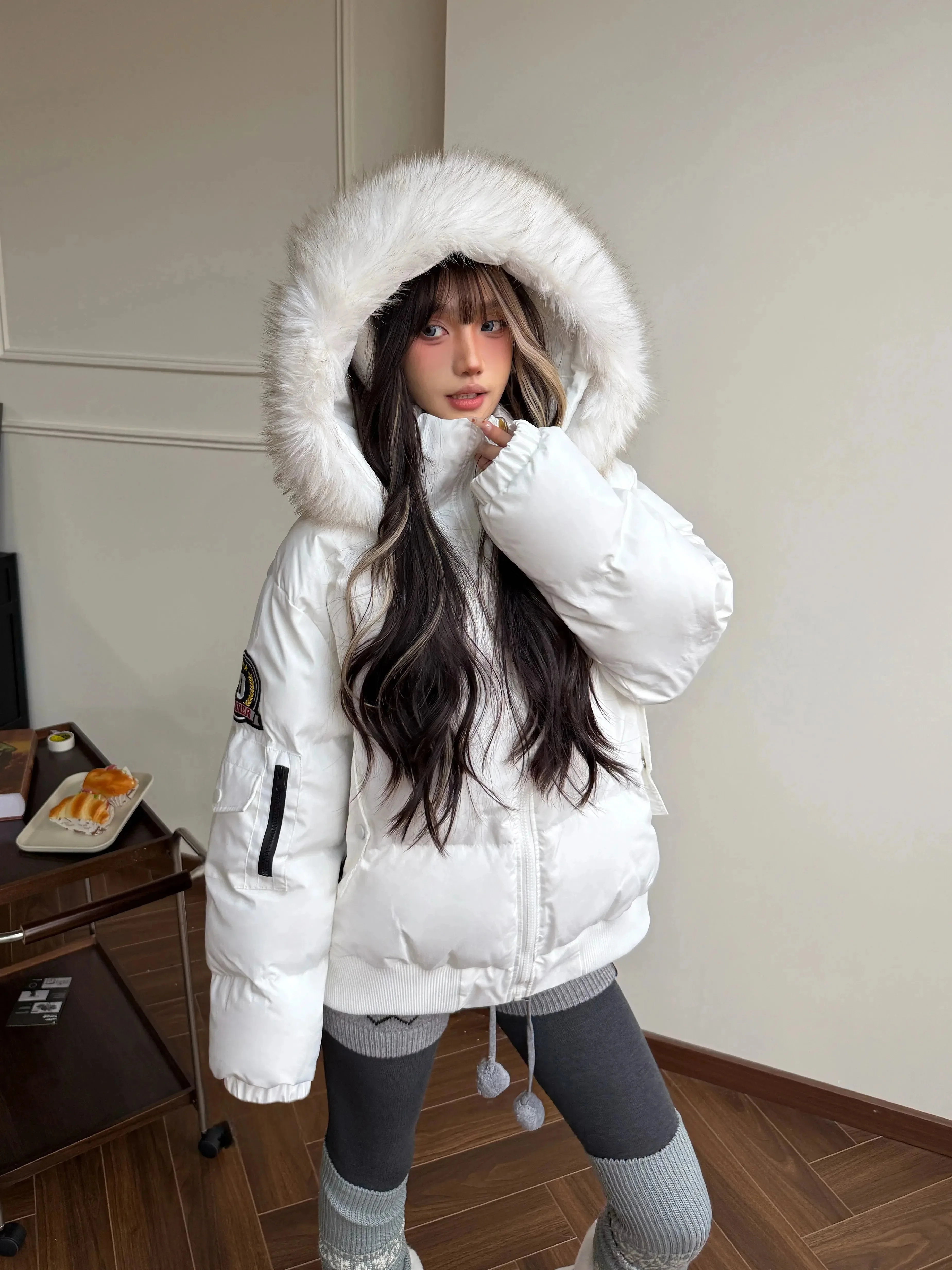 Winter Hooded Down Jacket Women's Fashion Vintage Long Sleeve Loose Warm Cotton-padded Clothes Casual Chic Sweet Coat 2026 New