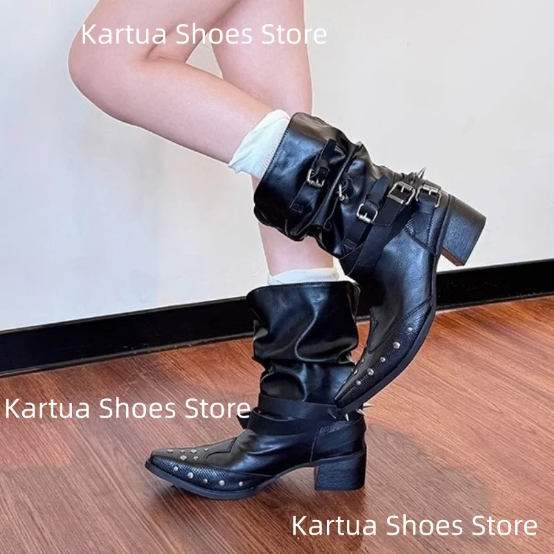 

Women's Black Leather Mid Calf Boots Studs Spikes Multiple Buckle Straps Design Edgy Punk Pointed Toe Block Heel Western Botas