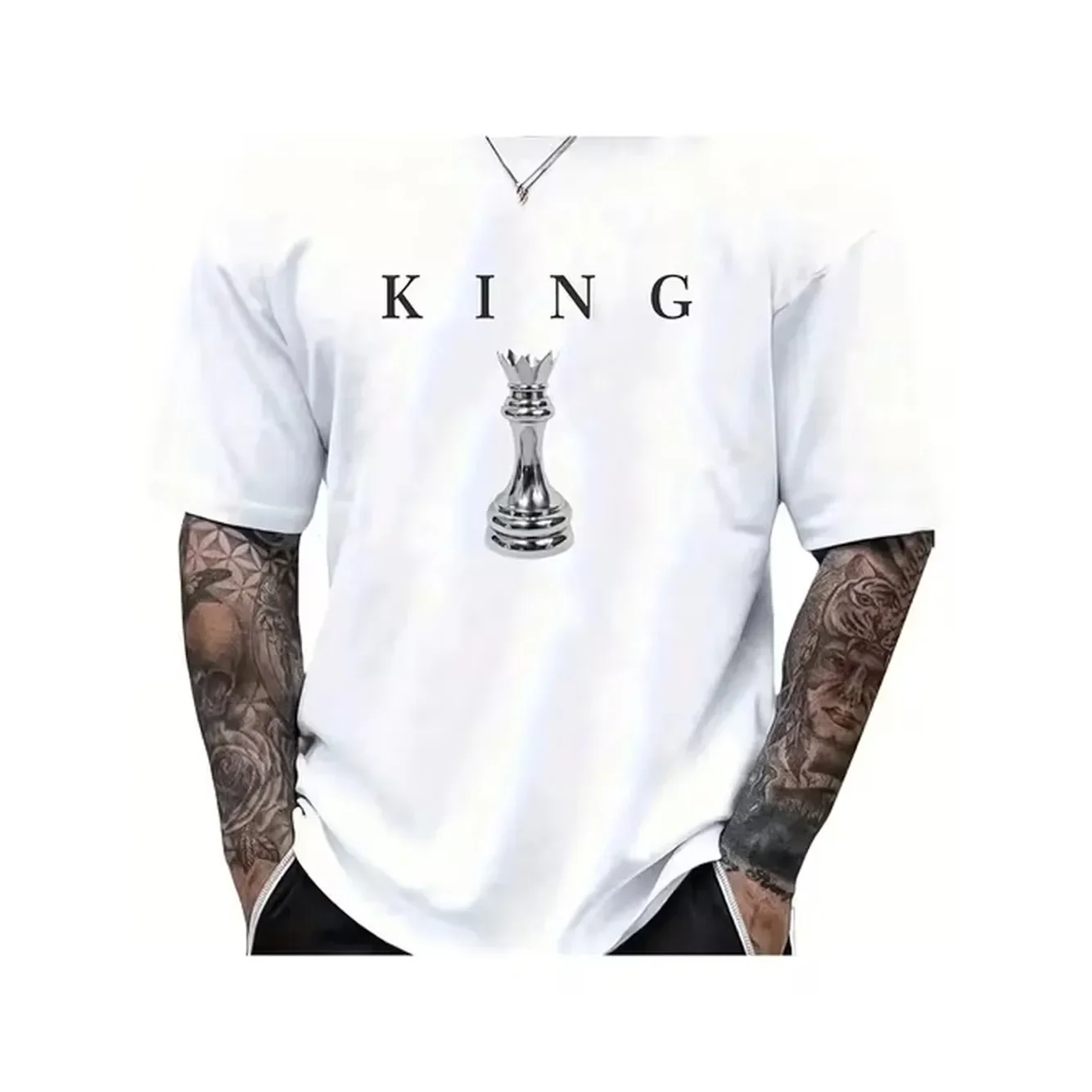 Womens 180G Heavyweight T Shirt King Pattern Short Sleeve Crew Neck Top