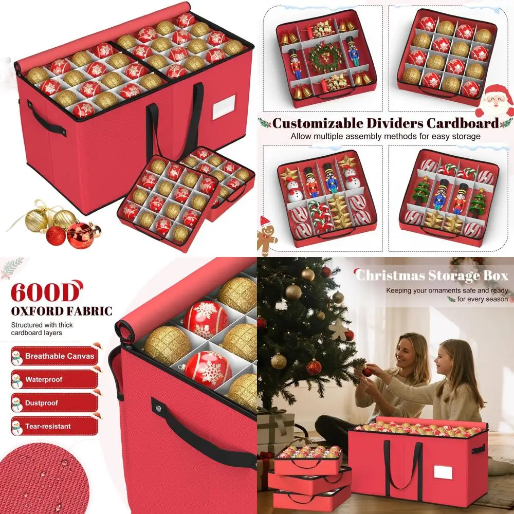 

Red 600D Oxford Christmas Ornament Storage Box with 8 Trays for 128 Ornaments, 3-Inch Balls, 48 Dividers, Dual Zip Closure