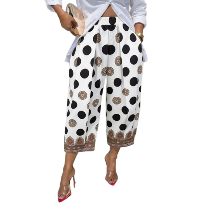 UOOZEE Women's Pleated Wide Leg Capri Pants Vintage Polka Dot Printed Ethnic Border Hem Loose High Waist Casual Cropped Trousers view 6