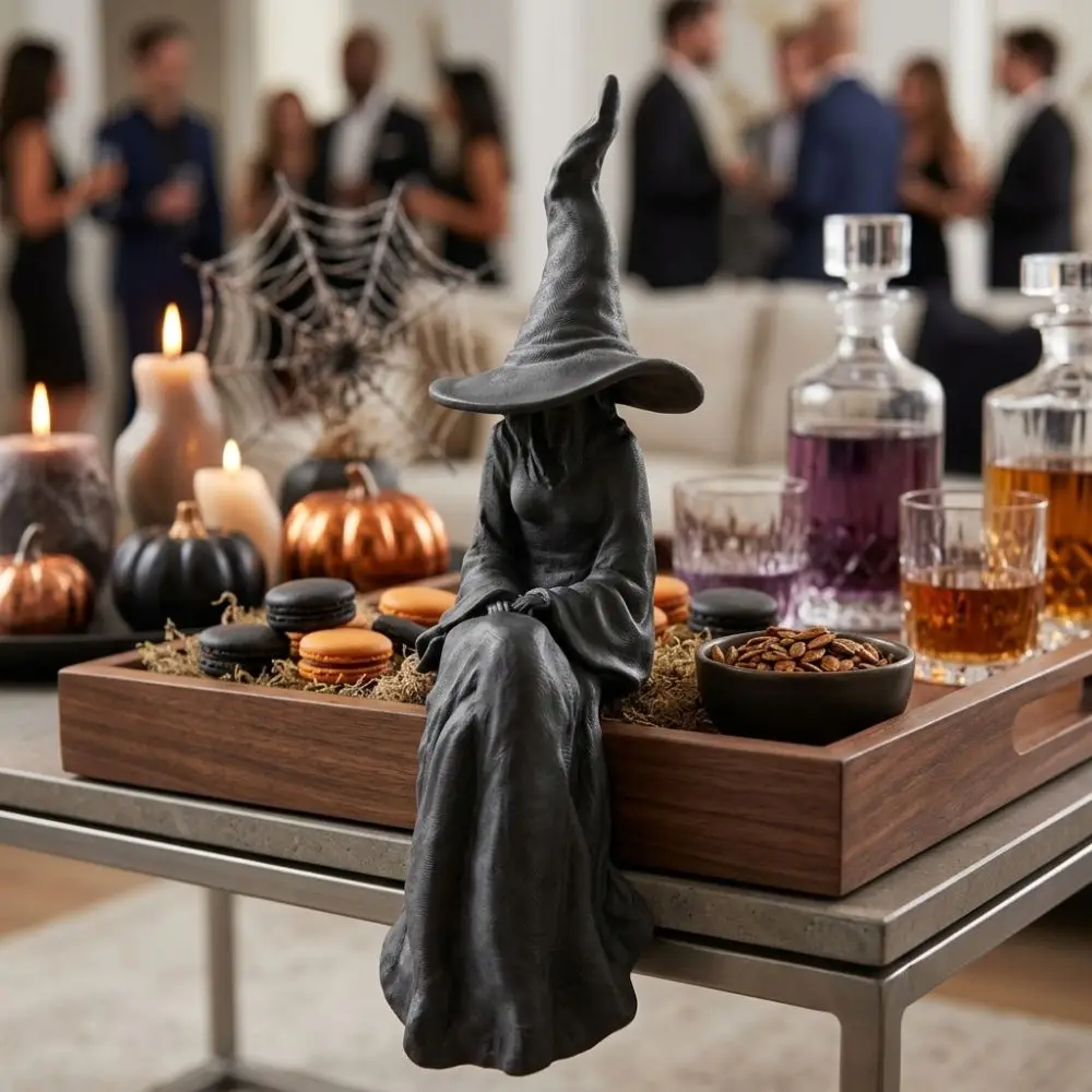 3D Printed Halloween Sitting Witch Figurine Gothic Plastic Mystery Witch Ornament Break-Resistant Dark Style