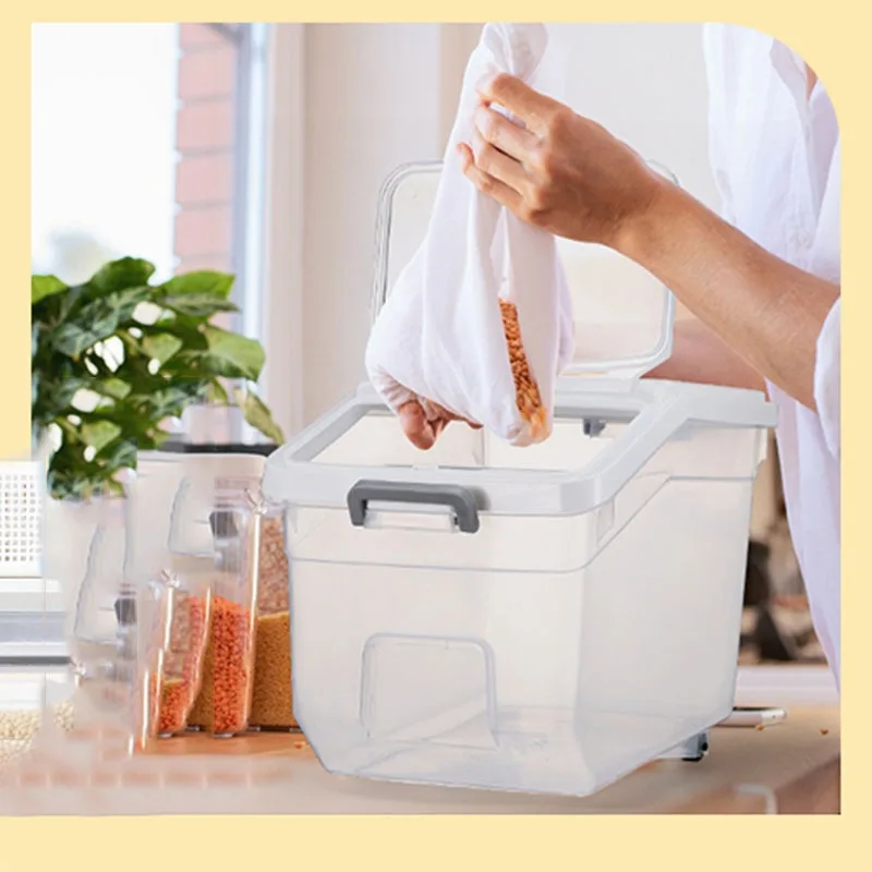 حاوية تخزين الطعام الشفافة مع غطاء المطبخ الحبوب صندوق الأرز موزع الطعام الجاف مختومة الحبوب دلو مخزن التخزين المنظم