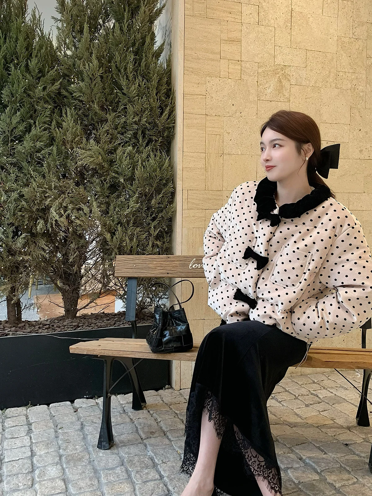 

Sweet Knot Polka Dot 90 White Du down Jaet Korean Sle Warm Outerwear Women's Puffer Coat Regular Length