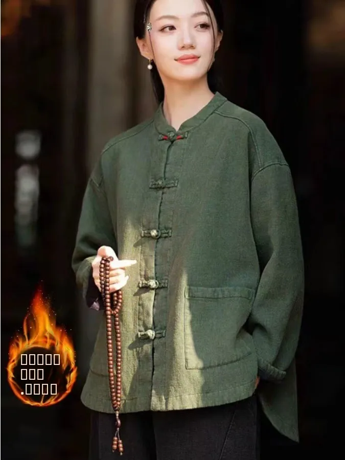 Neue chinesische Sle Zen Baumwolle Leinen Damen Jaet Herbst Winter Regular Fit Long Sve irt Fem Faion Damenbekleidung