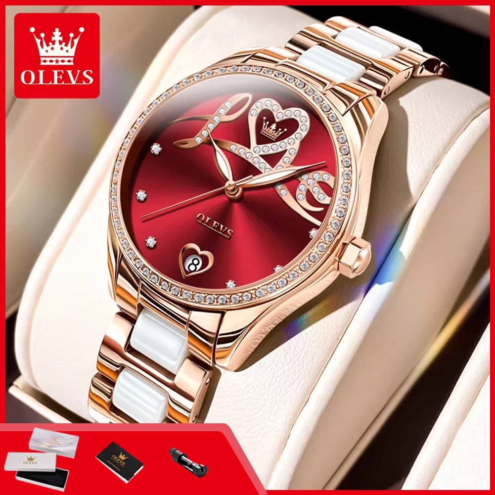 OLEVS 6686 Automatic Watch for Woman Ceramics Strap Mechancial Woman Watch Luxury Elegant Rose Gold Diamond Bezel Ladies Watches