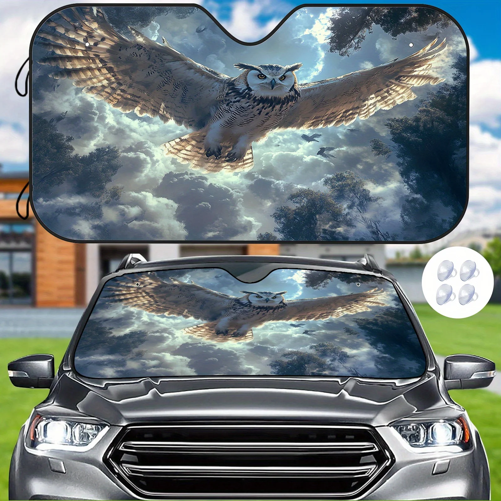 Majestic Owl In Flight Car Sunshade - Heat-Resistant Scratch-Resistant Universal Fit With Suction Cups, Premium UV Protection &