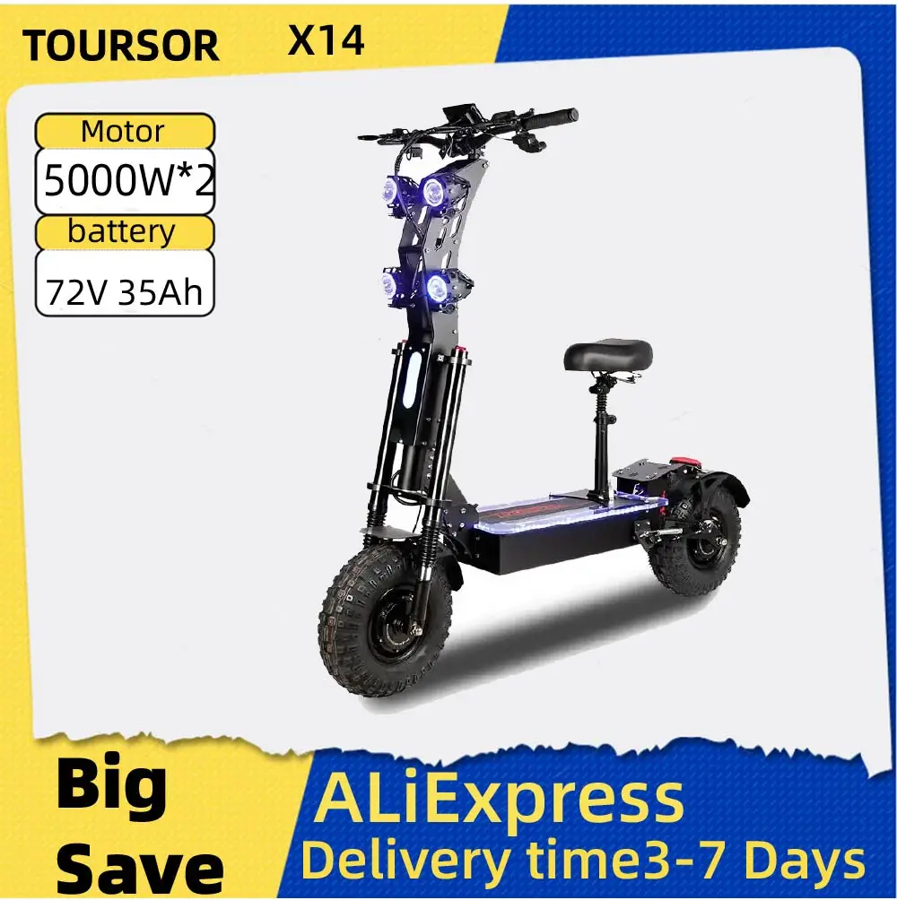 

TOURSOR X14 Electric Scooter For Adults 5000W*2 Dual Motor 72V35Ah Battery E-Scooter 14Inch Off-road Tire Foldable Road EScooter