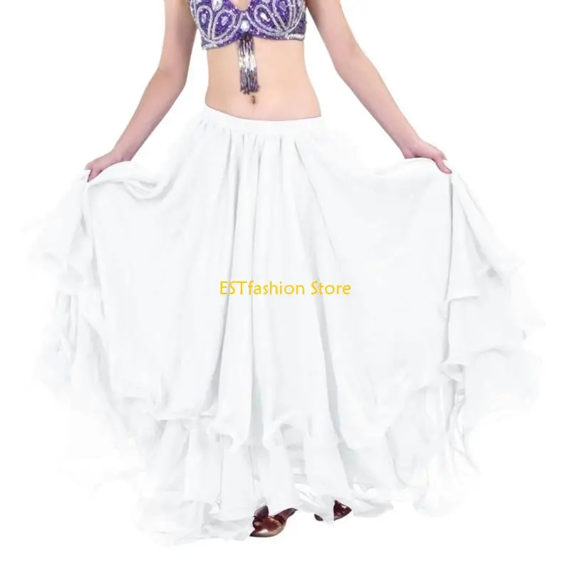 

Y5GC Rolled Hem Flared Belly Dance Skirt 3 Layer Chiffons Lightweight Breathable Polyester Stage Performances Outfit