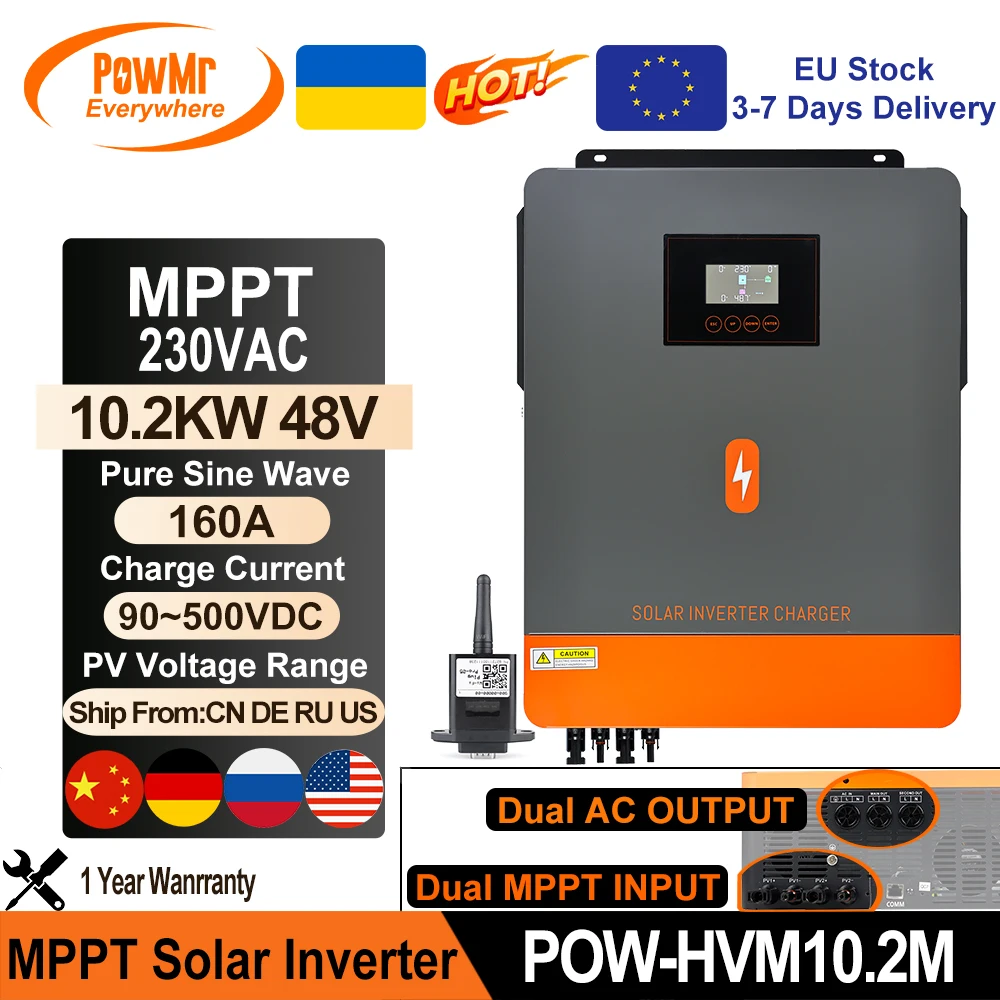 PowMr 10.2KW Hybrid Solar Inverter Pure Sine Wave MPPT 160A 230VAC Output Solar Panel 500VDC Can On Grid for 48V Lifepo4 Battery