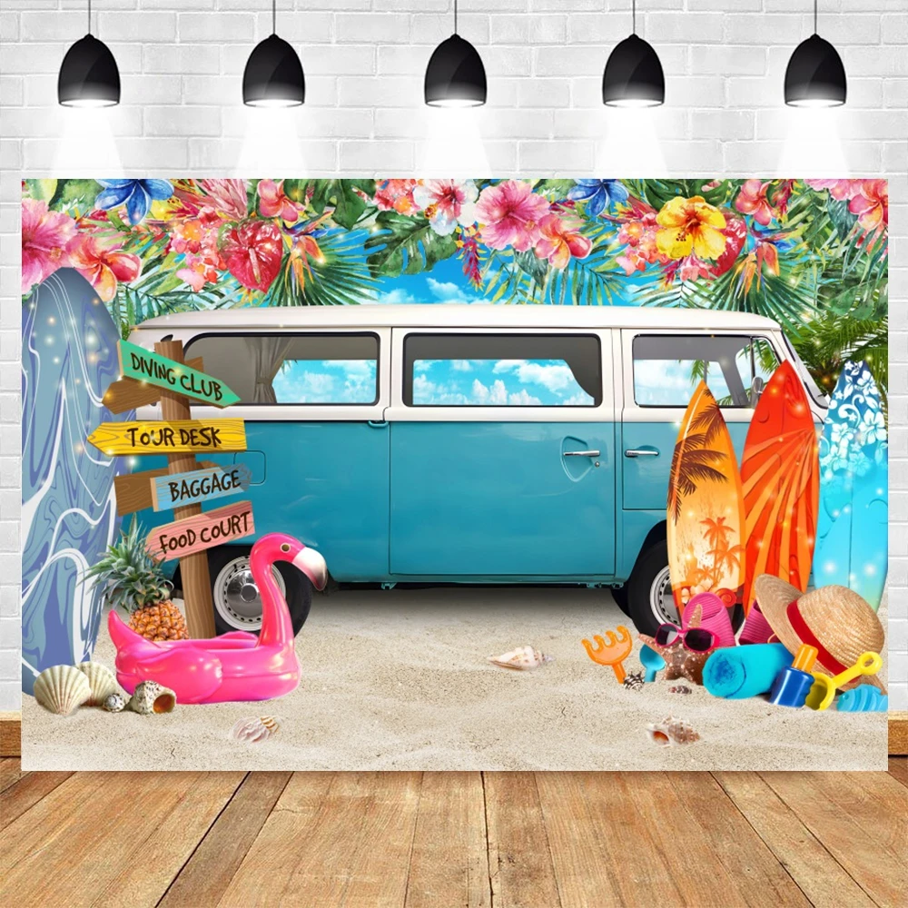Sommerlicher Strand-Fotohintergrund: Hawaiianischer Strand, Ozean, Palmen, tropische Blumen, Surfbrett, Auto, Urlaub, Party-Fotohintergrund
