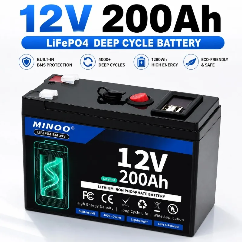 12V 200Ah LiFePO4 Solar Battery Deep Cycle Rechargeable Built-in BMS Lithium 200000mAh for Power Wheels Scooters Fish Finder
