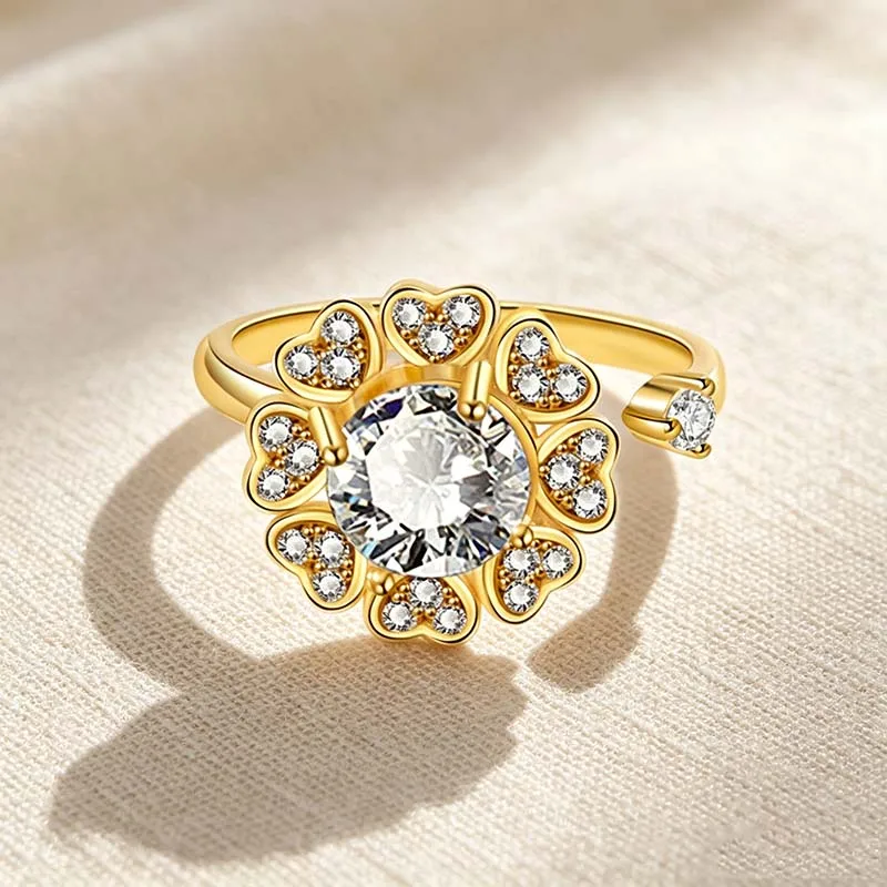 Anti Anxiety Fidget Crystal Heart Flower Spinner Ring Rotatable Relief Stress Jewelry Ladies Wedding Rings Gifts Accessories