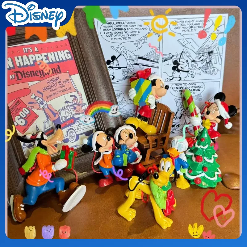 Disney 6pcs Mickey Mouse Minnie Goofy Plut Donald Duck Daisy Christmas Series Anime Model Collection Ornaments Xmas Gift Toy