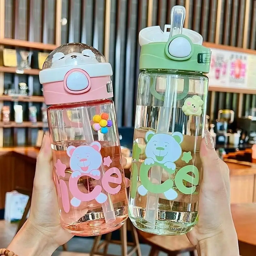 1Pcs 550/650ml Cute Water Bottle for Kids with Lid Straw Sticker Plastic Juice Milk Portable Kawaii Tumbler Children's Drinkware