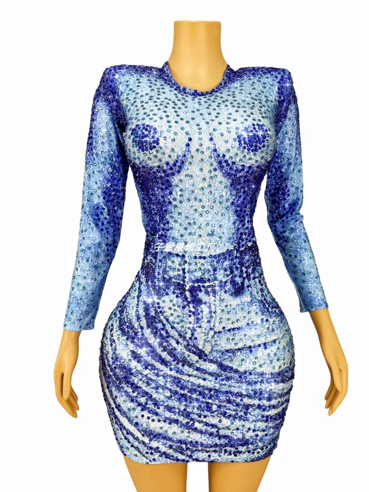 Design sense denim print sparkly rhinestone one-piece skirt daily party fashion show dress performance clothes