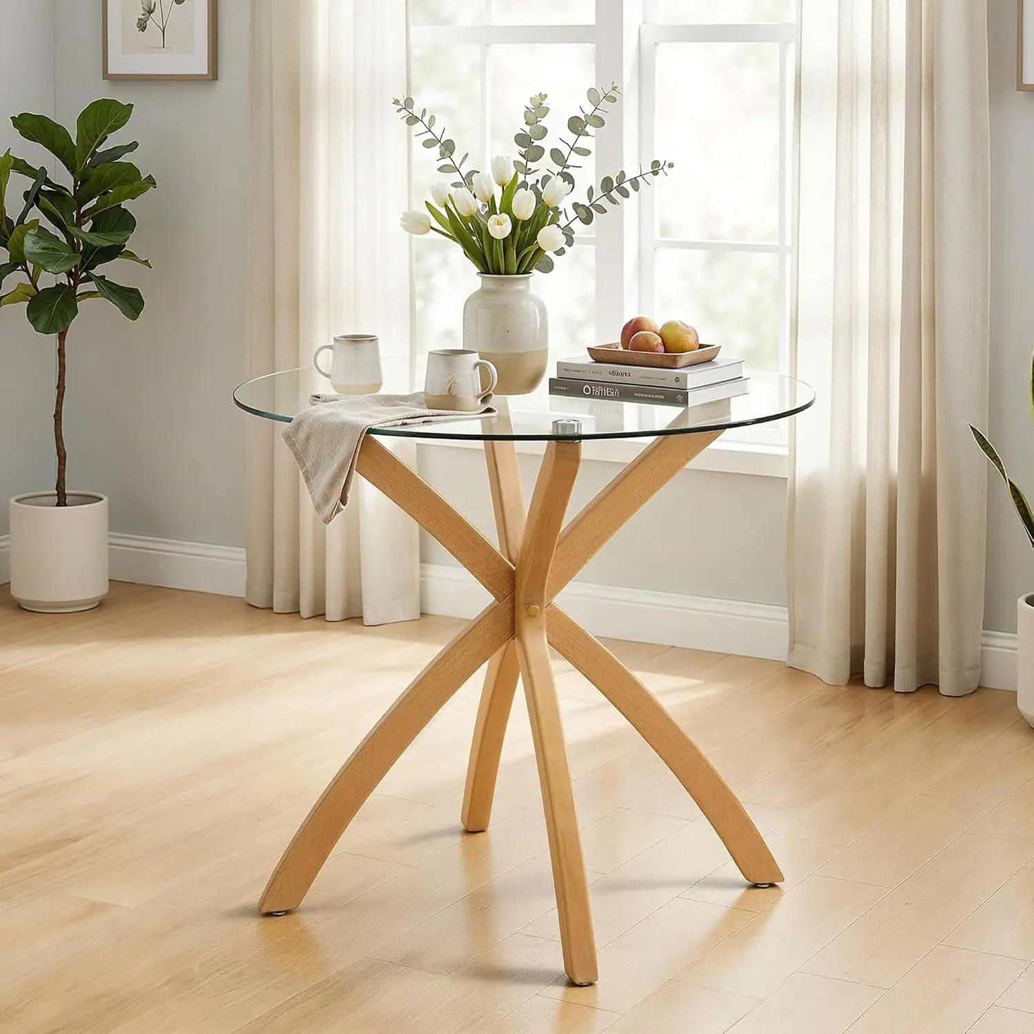 Small Round Glass Dining Table Wood Legs Mid-Century Modern Kitchen Coffee Table Dining Living Room 31.5 Inch Customized